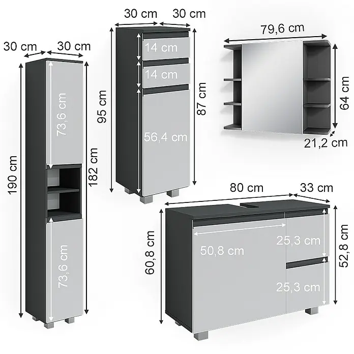 Vicco Badmöbel-Set J-Shape Anthrazit 4 Teile - Gesamtbreite Badmöbel: 140 cm, Anthrazit, Matt