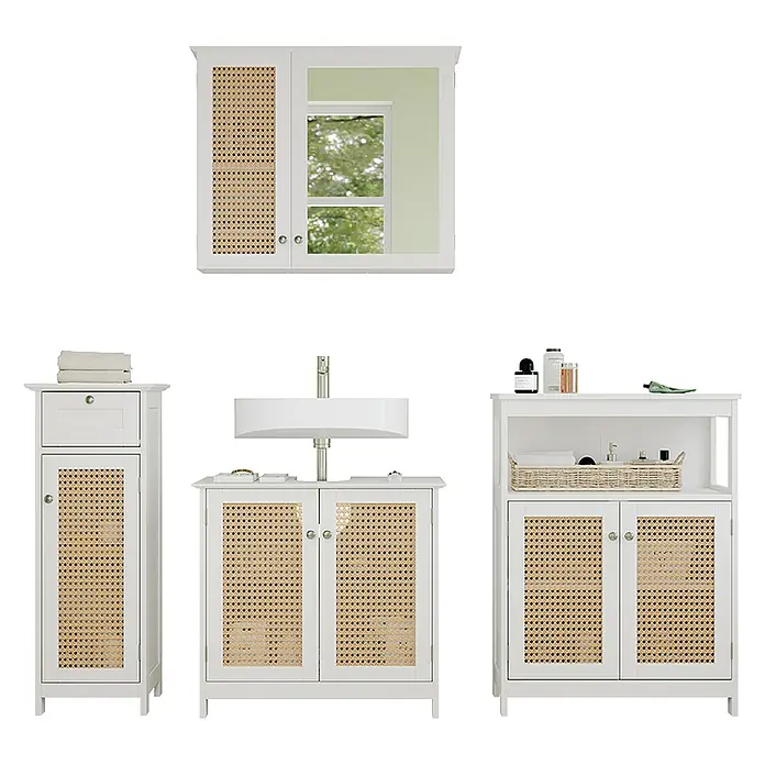 Vicco Badmöbel-Set Rosario Weiß 4 teilig, mit Midischrank - Gesamtbreite Badmöbel: 152 cm, Weiß, Matt
