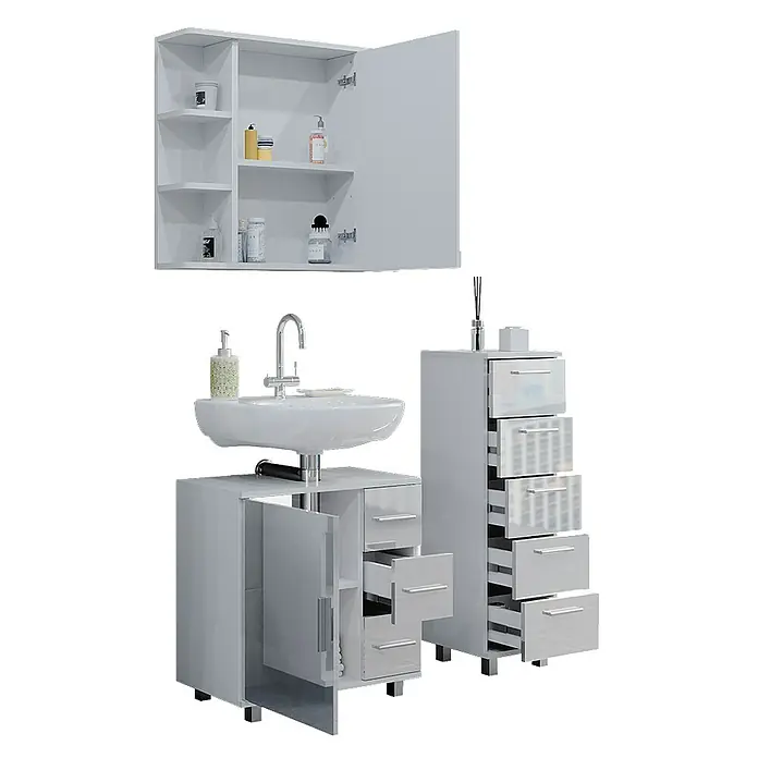 Vicco Badmöbel-Set Ilias Weiß Hochglanz 3 Teile, mit Midischrank - Gesamtbreite Badmöbel: 90 cm, Weiß Hochglanz, Glänzend