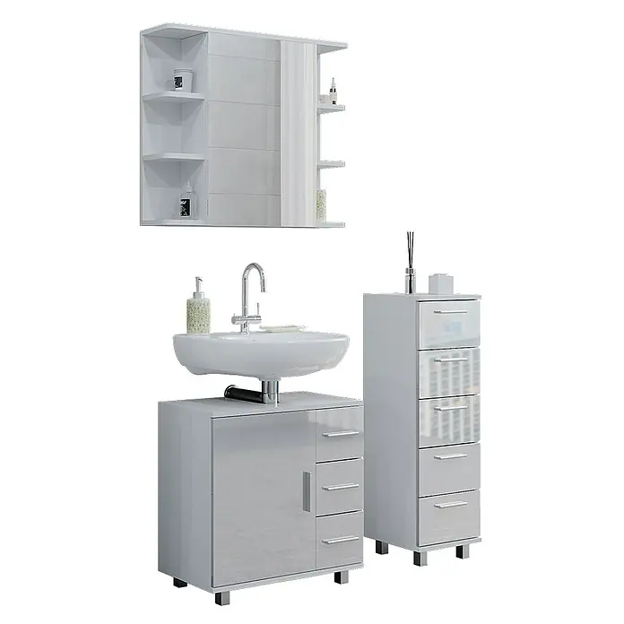 Vicco Badmöbel-Set Ilias Weiß Hochglanz 3 Teile, mit Midischrank - Gesamtbreite Badmöbel: 90 cm, Weiß Hochglanz, Glänzend