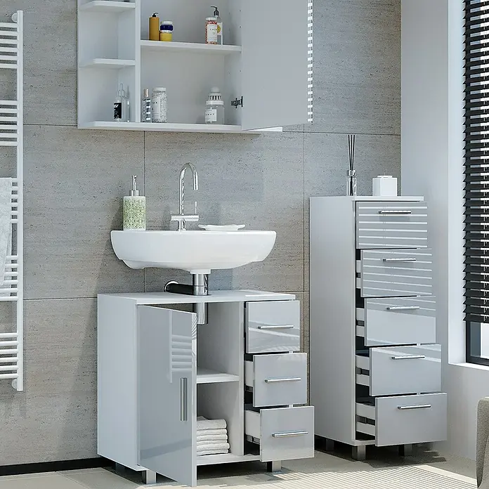 Vicco Badmöbel-Set Ilias Weiß Hochglanz 3 Teile, mit Midischrank - Gesamtbreite Badmöbel: 90 cm, Weiß Hochglanz, Glänzend