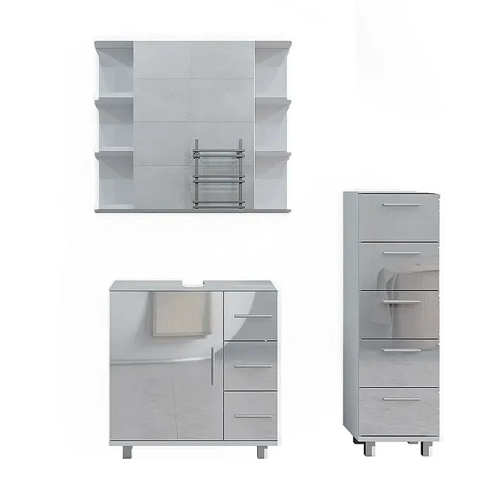 Vicco Badmöbel-Set Ilias Weiß Hochglanz 3 Teile, mit Midischrank - Gesamtbreite Badmöbel: 90 cm, Weiß Hochglanz, Glänzend