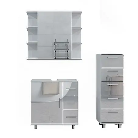 Vicco  Badmöbel-Set Ilias Weiß Hochglanz 3 Teile, mit Midischrank