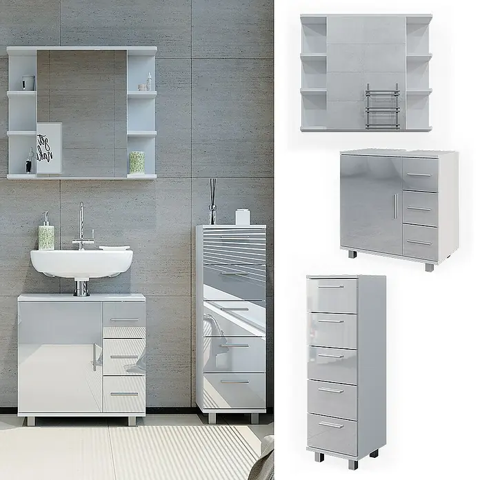 Vicco Badmöbel-Set Ilias Weiß Hochglanz 3 Teile, mit Midischrank - Gesamtbreite Badmöbel: 90 cm, Weiß Hochglanz, Glänzend