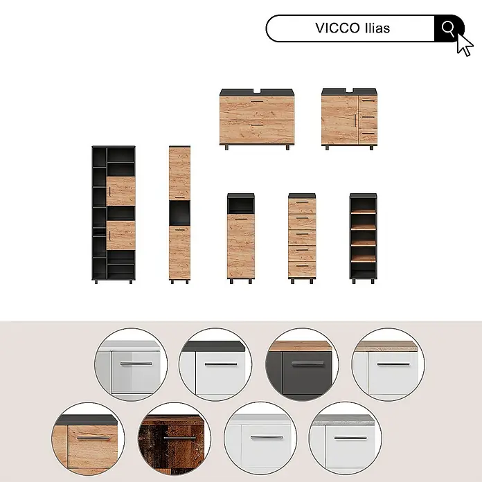 Vicco Badmöbel-Set Ilias Weiß Hochglanz 3 Teile, mit Midischrank - Gesamtbreite Badmöbel: 90 cm, Weiß Hochglanz, Glänzend