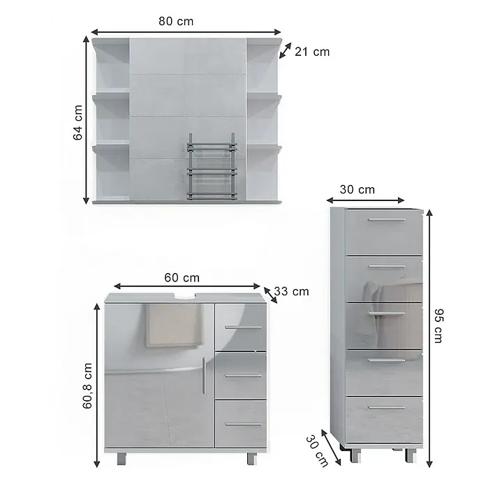 Vicco Badmöbel-Set Ilias Weiß Hochglanz 3 Teile, mit Midischrank - Gesamtbreite Badmöbel: 90 cm, Weiß Hochglanz, Glänzend