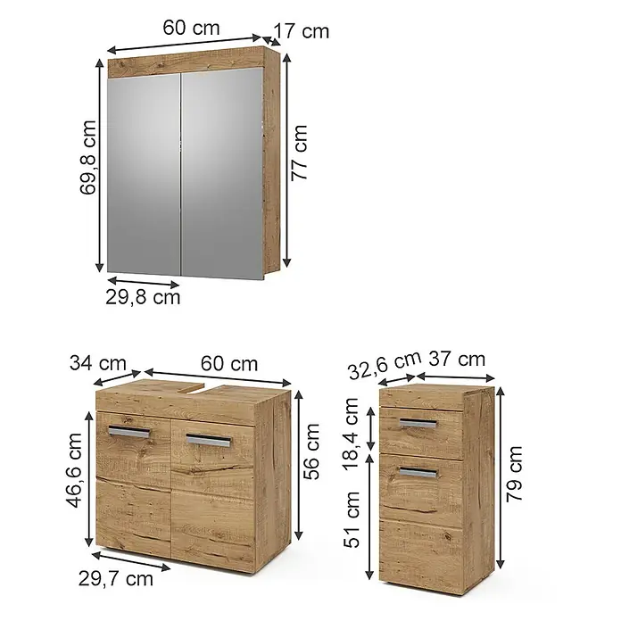 Vicco Badmöbel-Set Luna Eiche Wotan 3 Teile, mit Midischrank - Gesamtbreite Badmöbel: 97 cm, Eiche Wotan, Matt