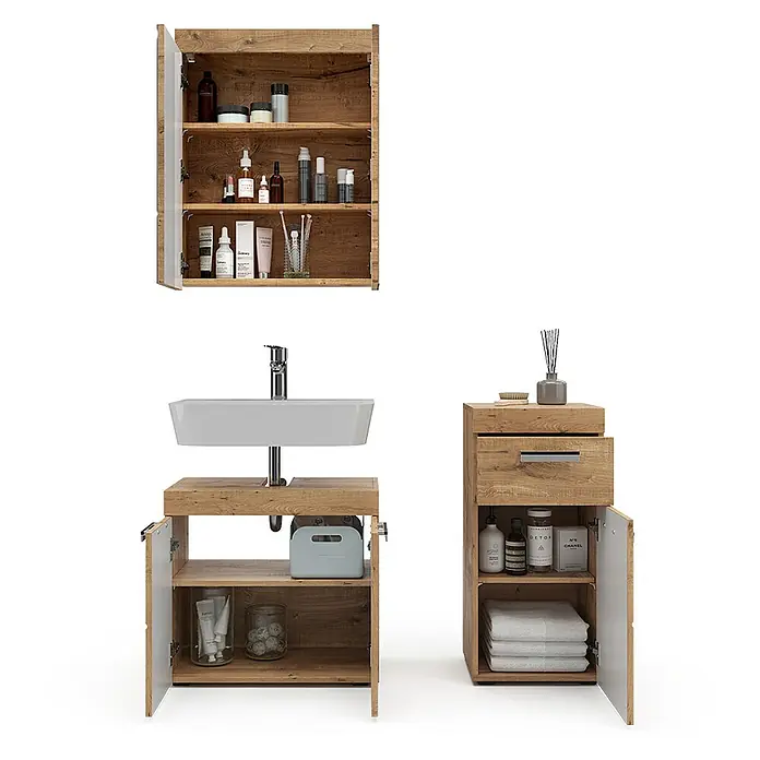Vicco Badmöbel-Set Luna Eiche Wotan 3 Teile, mit Midischrank - Gesamtbreite Badmöbel: 97 cm, Eiche Wotan, Matt