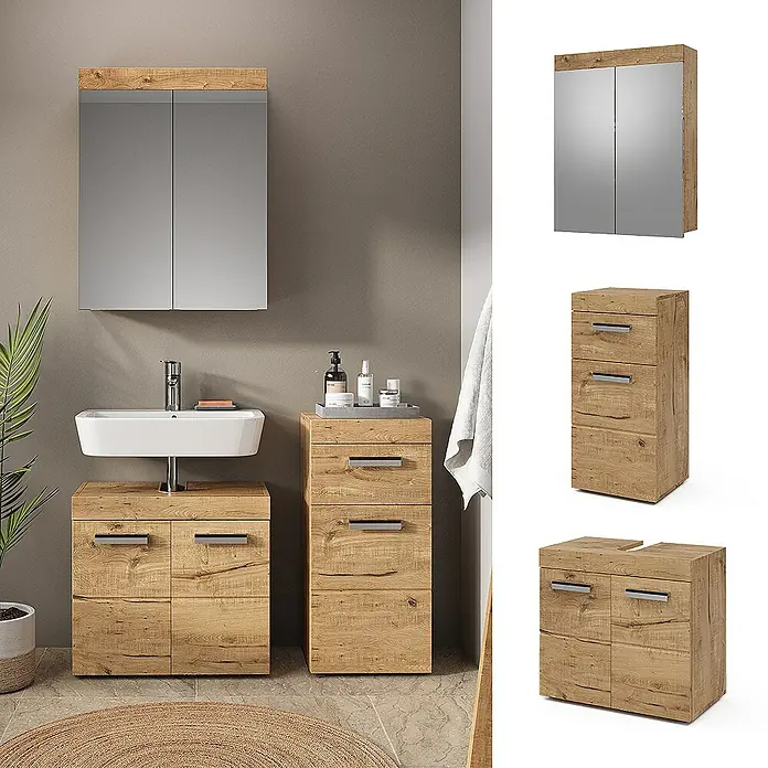 Vicco Badmöbel-Set Luna Eiche Wotan 3 Teile, mit Midischrank - Gesamtbreite Badmöbel: 97 cm, Eiche Wotan, Matt