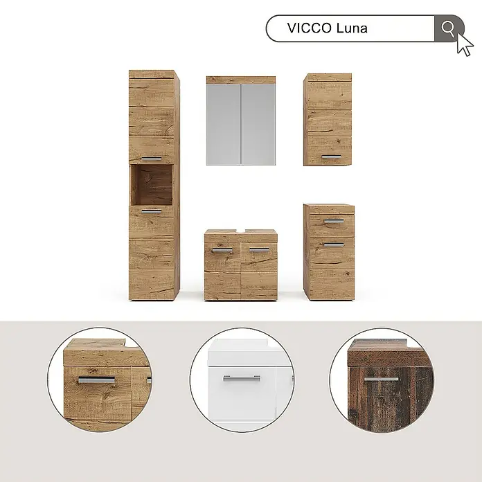 Vicco Badmöbel-Set Luna Eiche Wotan 3 Teile, mit Midischrank - Gesamtbreite Badmöbel: 97 cm, Eiche Wotan, Matt