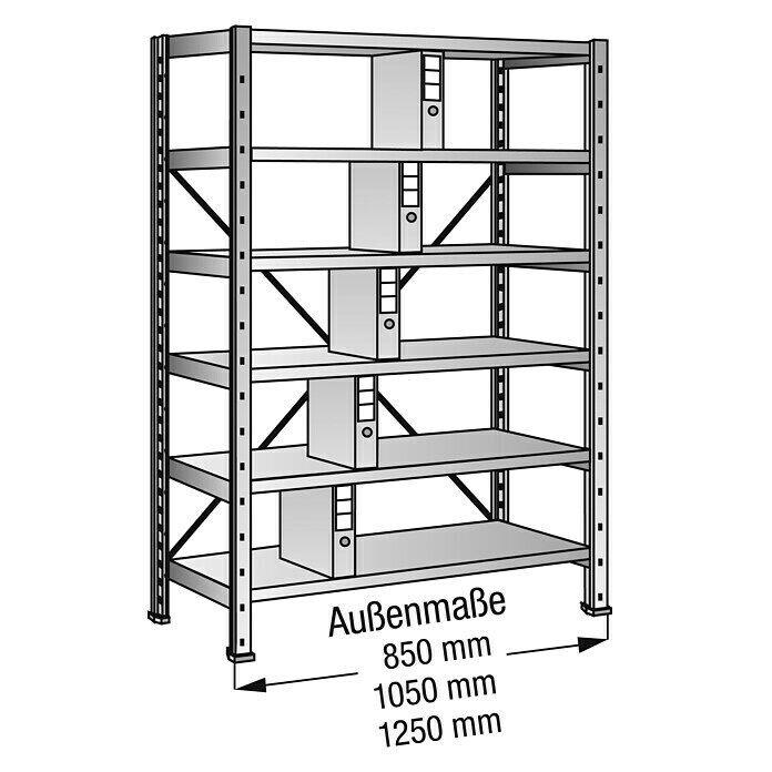 Scholz Aktenregal GrundelementLänge: 1.050 mm, Breite: 300 mm, Höhe: 1.920 mm, Traglast: 80 kg/Boden, Anzahl Böden: 6 Stk. Use Shot