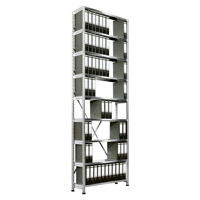 Scholz Aktenregal Grundelement (Länge: 1.250 mm, Breite: 300 mm, Höhe: 3.000 mm, Traglast: 90 kg/Boden, Anzahl Böden: 9 Stk.)