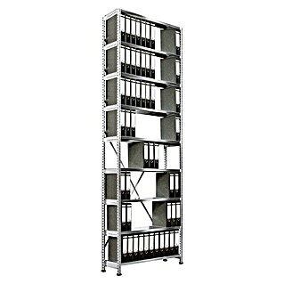 Scholz Aktenregal Grundelement (H x B x T: 300 x 125 x 30 cm, Traglast pro Boden: 90 kg, Anzahl Böden: 9 Stk., Stecken, Silber)