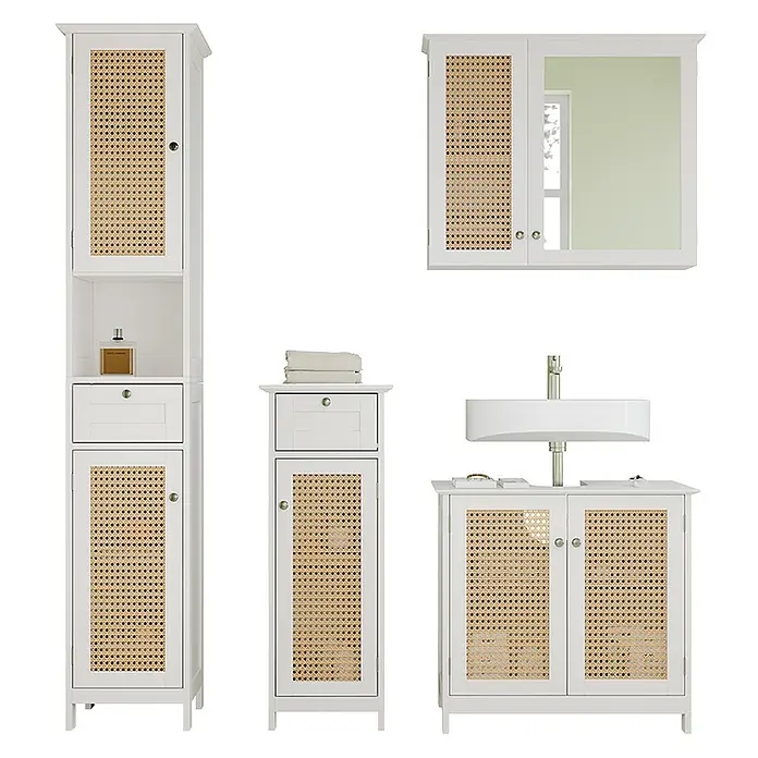 Vicco Badmöbel-Set Rosario Weiß 4 teilig, mit Hochschrank - Gesamtbreite Badmöbel: 124 cm, Weiß, Matt