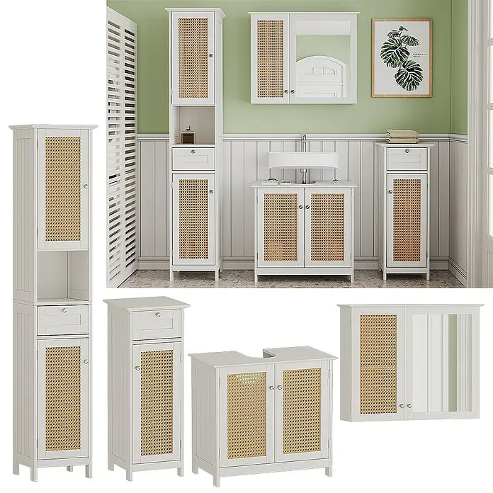 Vicco Badmöbel-Set Rosario Weiß 4 teilig, mit Hochschrank - Gesamtbreite Badmöbel: 124 cm, Weiß, Matt