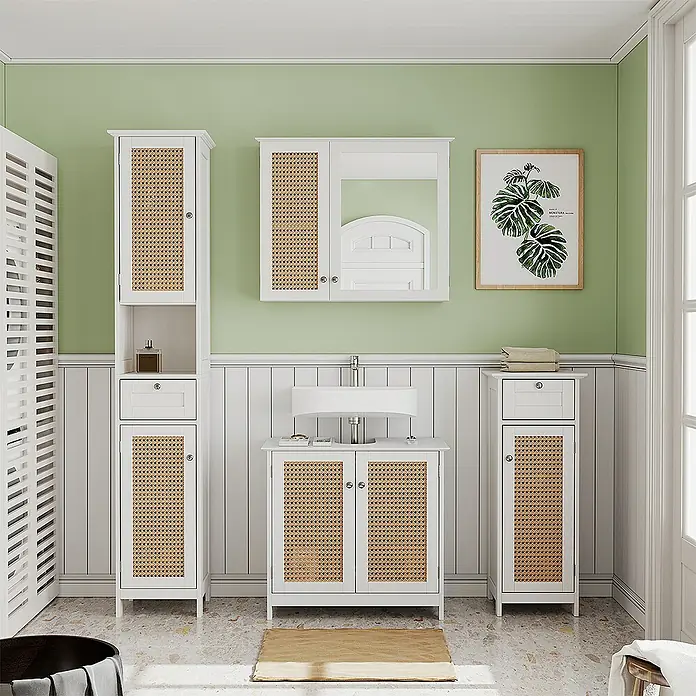 Vicco Badmöbel-Set Rosario Weiß 4 teilig, mit Hochschrank - Gesamtbreite Badmöbel: 124 cm, Weiß, Matt
