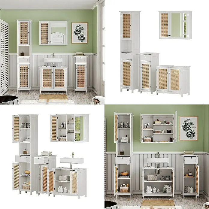 Vicco Badmöbel-Set Rosario Weiß 4 teilig, mit Hochschrank - Gesamtbreite Badmöbel: 124 cm, Weiß, Matt
