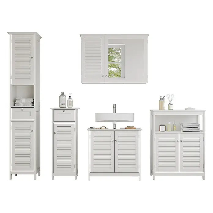 Vicco Badmöbel-Set Riad Weiß 5 Teile, Unterschrank mit Zwischenablage - Gesamtbreite Badmöbel: 184 cm, Weiß, Matt