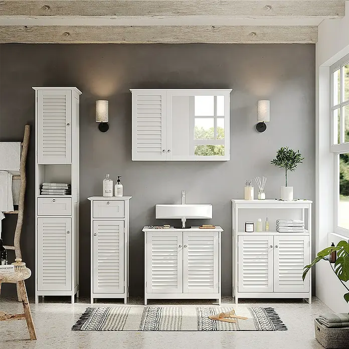 Vicco Badmöbel-Set Riad Weiß 5 Teile, Unterschrank mit Zwischenablage - Gesamtbreite Badmöbel: 184 cm, Weiß, Matt