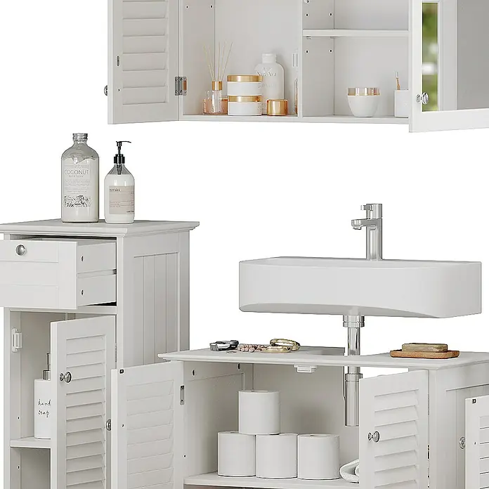 Vicco Badmöbel-Set Riad Weiß 5 Teile, Unterschrank mit Zwischenablage - Gesamtbreite Badmöbel: 184 cm, Weiß, Matt