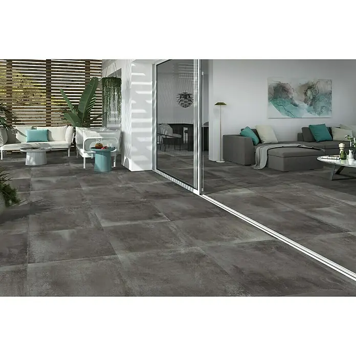 Halcón Pavimento porcelánico Madox - 60 x 60 cm, Antracita, Mate, Rectificado, Espesor: 10 mm - Azulejos antracita de gran formato creando una transición moderna entre espacios interiores y exteriores.