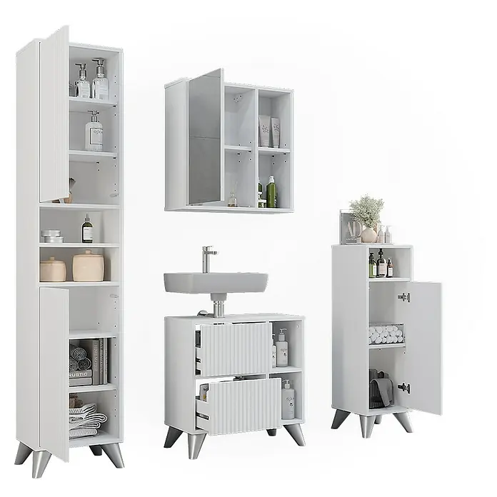 Vicco Badmöbel-Set Leano Weiß 4-teiliges Set - Weiß, Matt