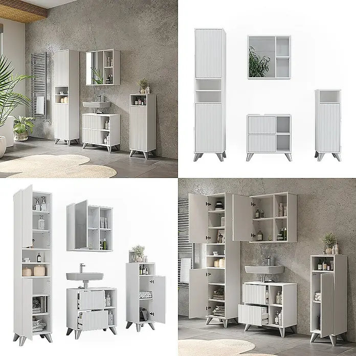 Vicco Badmöbel-Set Leano Weiß 4-teiliges Set - Weiß, Matt
