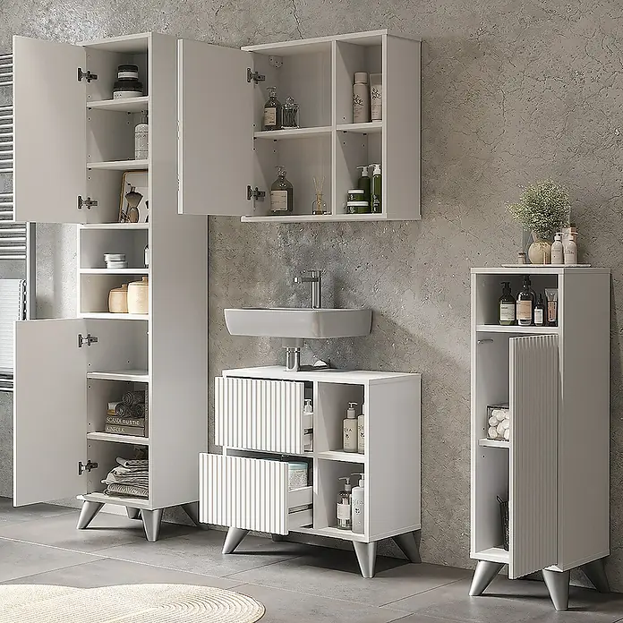 Vicco Badmöbel-Set Leano Weiß 4-teiliges Set - Weiß, Matt