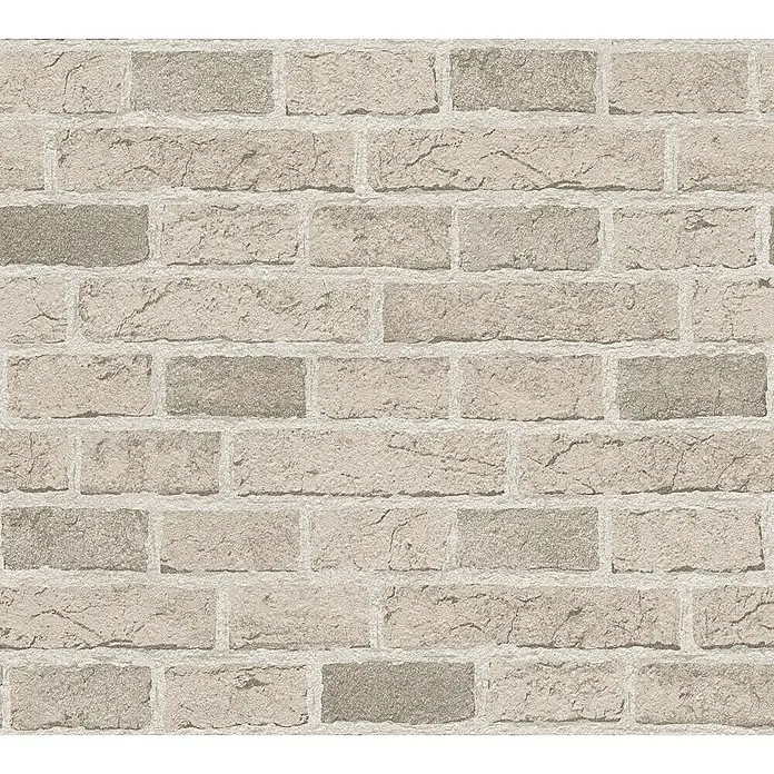 A.S. Création Il Decoro Papiertapete - Taupe, Steinoptik, 10,05 x 0,53 m - Eine Nahaufnahme einer Wand mit hellen Ziegelsteinen, die ein rustikales und strukturiertes Erscheinungsbild vermitteln.\n