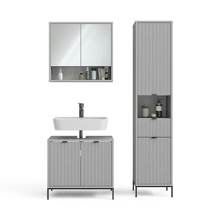 Vicco Badmöbel-Set Eliza Grau 3 Teile, mit Hochschrank - Gesamtbreite Badmöbel: 110 cm, Grau, Matt