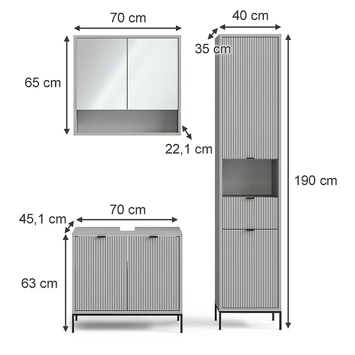 Vicco Badmöbel-Set Eliza Grau 3 Teile, mit Hochschrank - Gesamtbreite Badmöbel: 110 cm, Grau, Matt