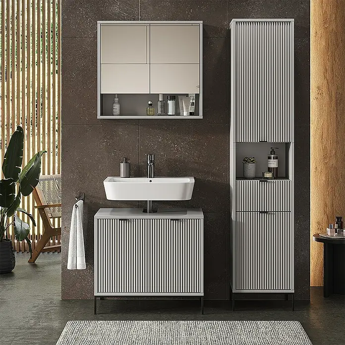 Vicco Badmöbel-Set Eliza Grau 3 Teile, mit Hochschrank - Gesamtbreite Badmöbel: 110 cm, Grau, Matt