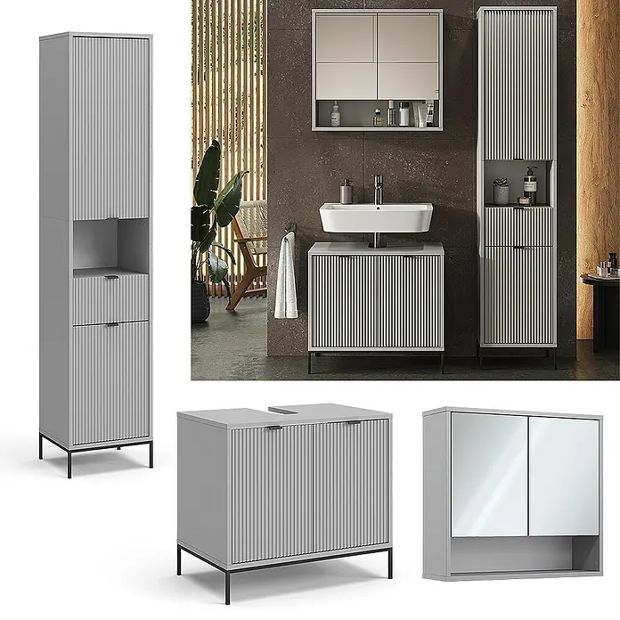Vicco Badmöbel-Set Eliza Grau 3 Teile, mit Hochschrank - Gesamtbreite Badmöbel: 110 cm, Grau, Matt