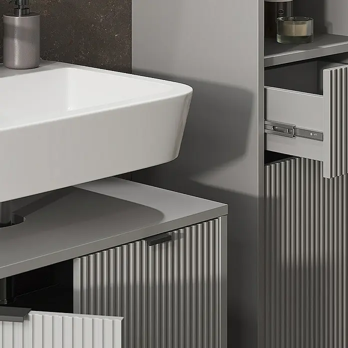 Vicco Badmöbel-Set Eliza Grau 3 Teile, mit Hochschrank - Gesamtbreite Badmöbel: 110 cm, Grau, Matt