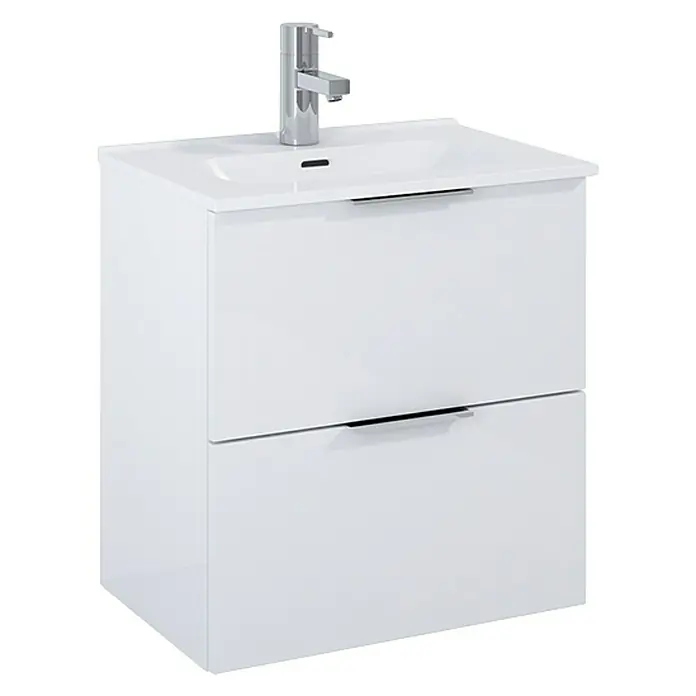 Riva Badmöbel-Set Street Plus - Gesamtbreite Badmöbel: 51,3 cm, Weiß, Hochglänzend, 2 -tlg. - Schicker Badezimmerschrank mit zwei Schubladen und Waschbecken mit Armatur in glänzendem Weiß für moderne Badezimmer.