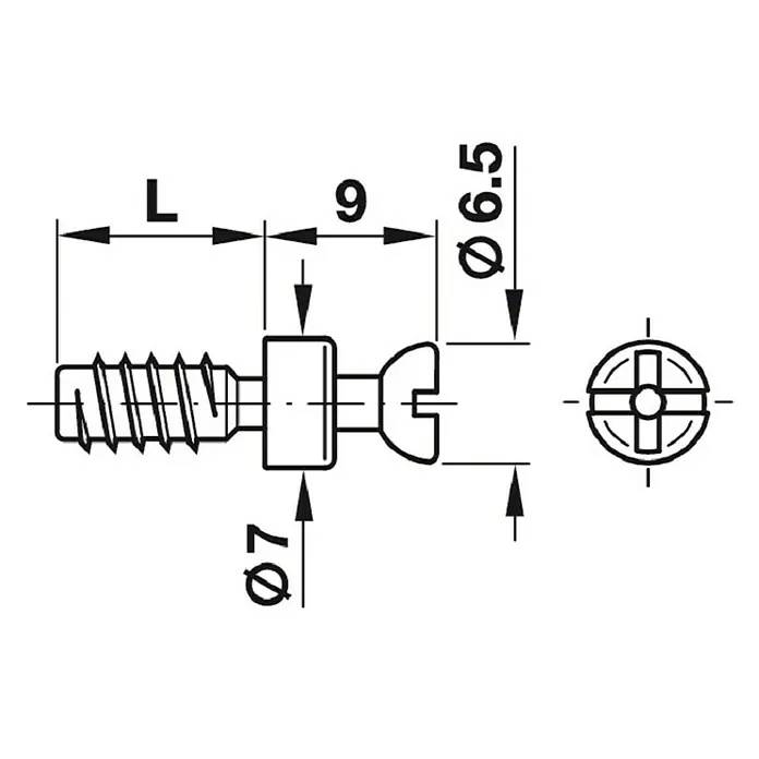 Häfele Perno de conexión Rafix S 20 - Rosca especial, Longitud rosca: 11 mm - Dibujo técnico de un tornillo de cabeza avellanada con dimensiones para fines constructivos, incluyendo diámetros de la cabeza y rosca.