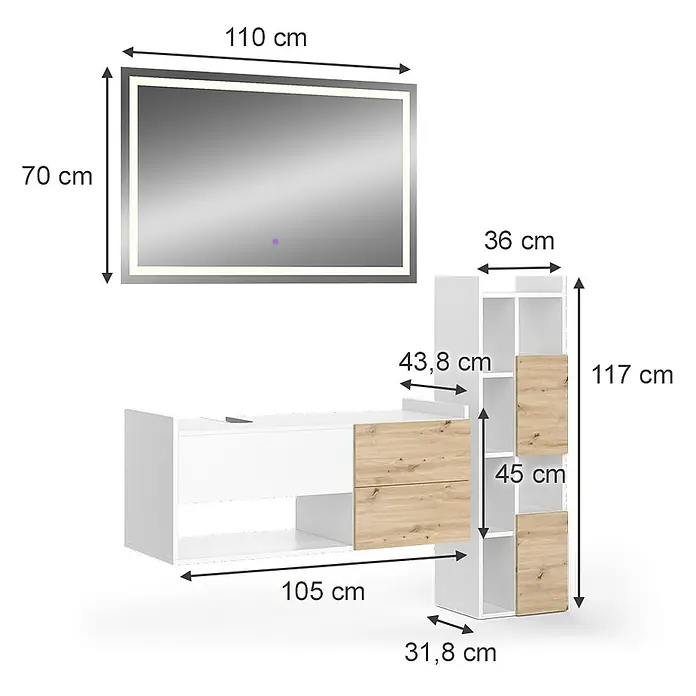 Vicco Badmöbel-Set Alf Weiß 3 Teile - Gesamtbreite Badmöbel: 141 cm, Weiß, Matt