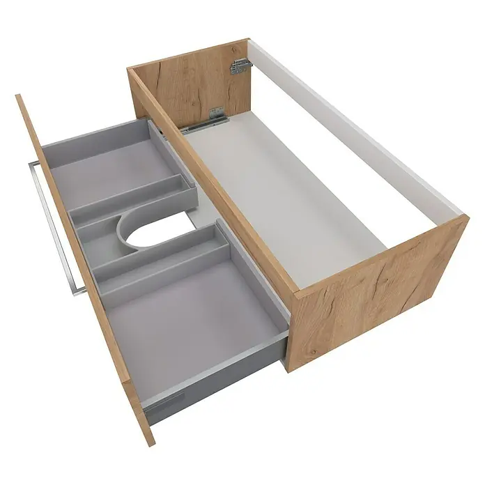 Camargue Espacio Waschtischunterschrank - 100 x 46 x 30 cm, Doce - Offener Waschtischunterschrank mit Schublade in Holzoptik und grauem Innenleben, ideal für moderne Badezimmerdesigns.