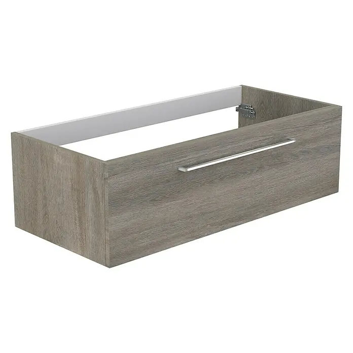 Camargue Espacio Waschtischunterschrank - 100 x 46 x 30 cm, Faro - Abbildung eines modernen Badezimmerunterschranks in Holzoptik mit einem schlichten Griff und offenem Fach.