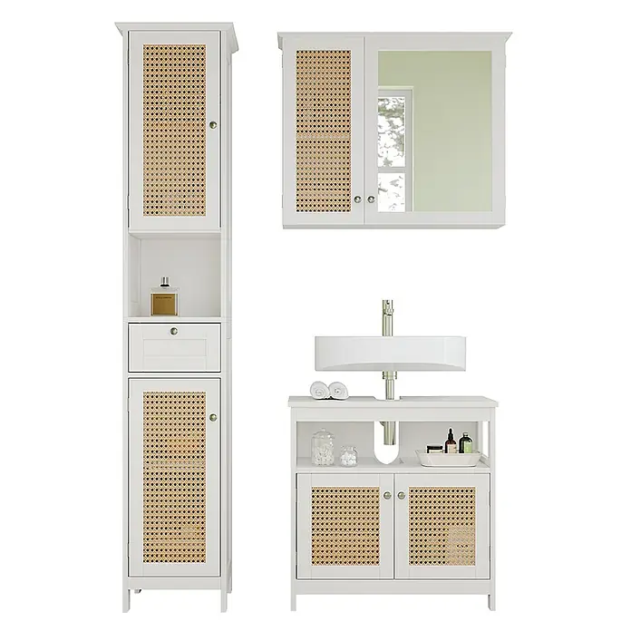 Vicco Badmöbel-Set Rosario Weiß 3 Teile, mit Hochschrank - Gesamtbreite Badmöbel: 92 cm, Weiß, Matt
