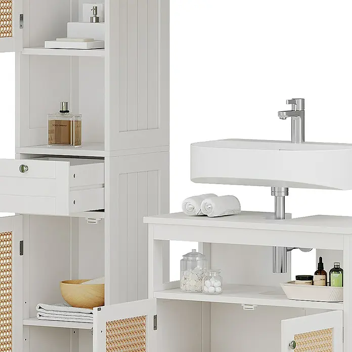 Vicco Badmöbel-Set Rosario Weiß 3 Teile, mit Hochschrank - Gesamtbreite Badmöbel: 92 cm, Weiß, Matt