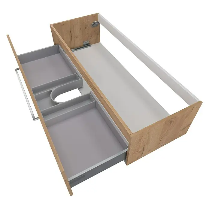 Camargue Espacio Waschtischunterschrank - 120 x 46 x 30 cm, Doce - Das Bild zeigt einen Waschtischunterschrank mit Auszügen in Eichenoptik, wobei ein Schubfach teilweise geöffnet ist, um die Inneneinteilung zu zeigen.