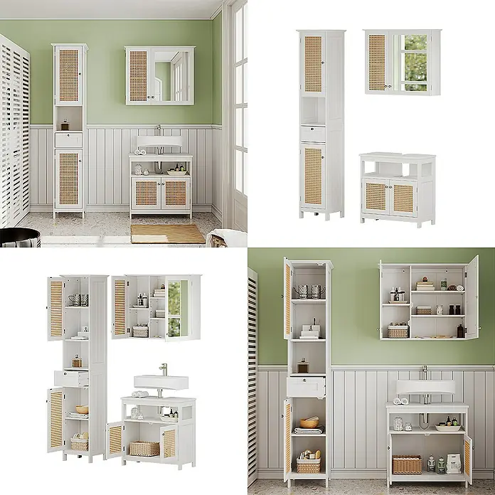 Vicco Badmöbel-Set Rosario Weiß 3 Teile, mit Hochschrank - Gesamtbreite Badmöbel: 92 cm, Weiß, Matt