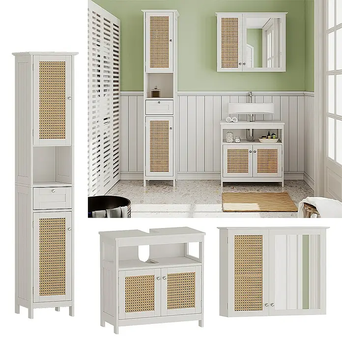 Vicco Badmöbel-Set Rosario Weiß 3 Teile, mit Hochschrank - Gesamtbreite Badmöbel: 92 cm, Weiß, Matt