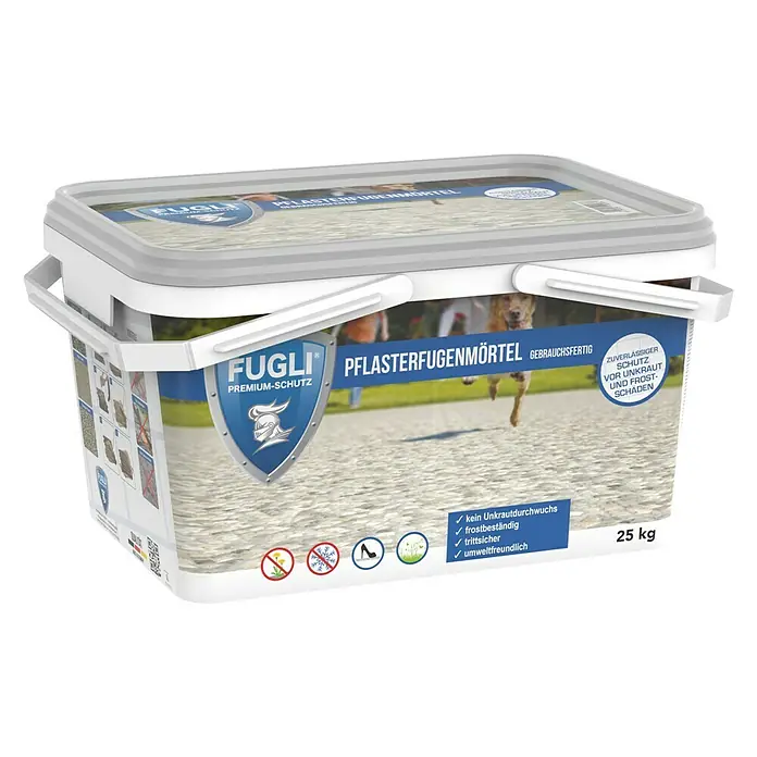 Fugli Pflasterfugenmörtel - Steingrau, 25 kg - Produktbild von Fugli Premium-Schutz Pflasterfugenmörtel, gebrauchsfertiger Pflasterfugenmörtel im Eimer.