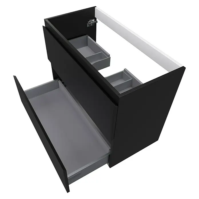 Camargue Espacio Waschtischunterschrank - 80 x 40 x 60 cm, 2 Schubkästen, Gama anthrazit matt - Schwarzer Badezimmerschrank mit zwei Schubladen, wobei die untere zur besseren Einsicht ausgezogen ist. Praktisch und elegant.