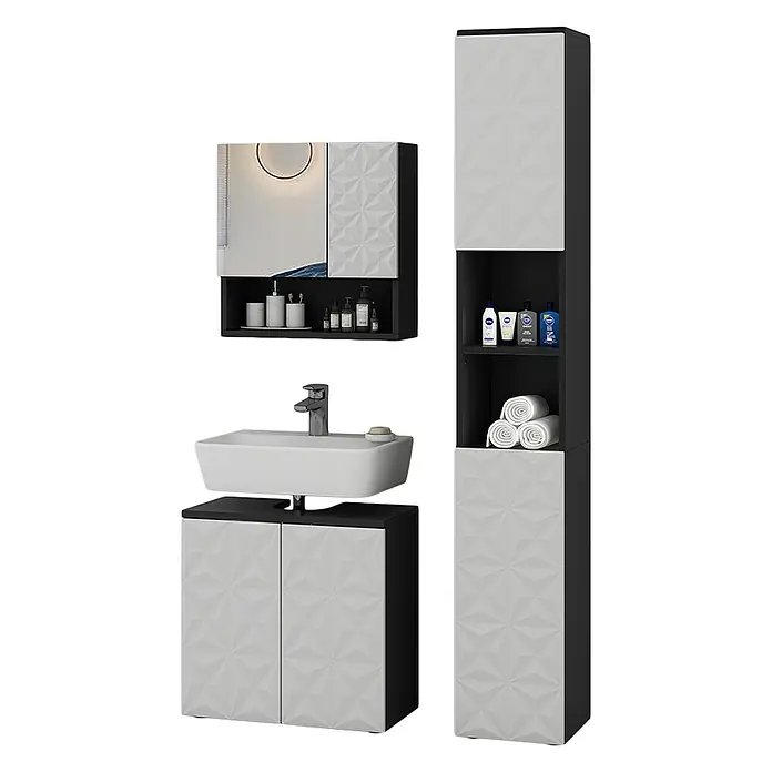 Vicco Badmöbel-Set Edge Schwarz 3 Teile, mit Hochschrank - Gesamtbreite Badmöbel: 90 cm, Schwarz, Matt