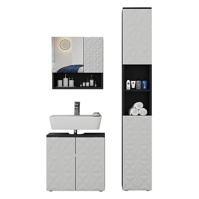 Vicco Badmöbel-Set Edge Schwarz 3 Teile, mit Hochschrank - Gesamtbreite Badmöbel: 90 cm, Schwarz, Matt