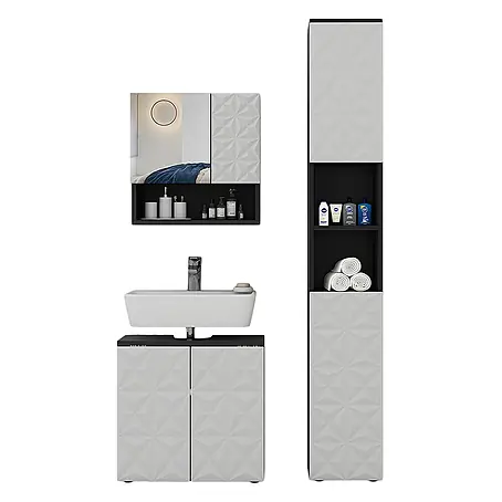 Vicco  Badmöbel-Set Edge Schwarz 3 Teile, mit Hochschrank