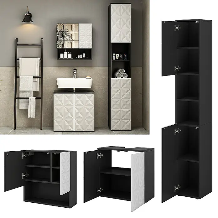 Vicco Badmöbel-Set Edge Schwarz 3 Teile, mit Hochschrank - Gesamtbreite Badmöbel: 90 cm, Schwarz, Matt